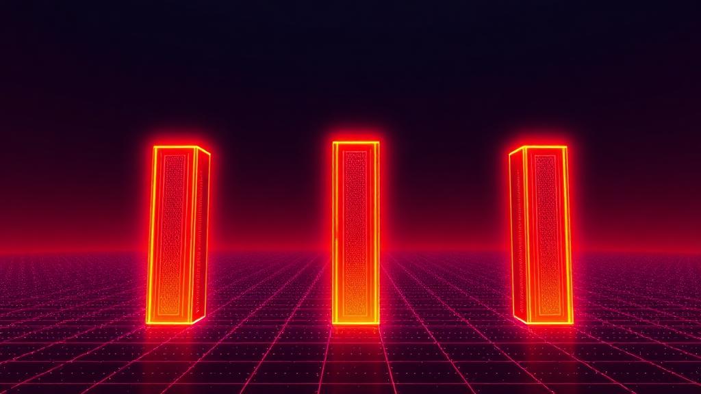 Five glowing neon monoliths representing blockchains on a dark grid horizon