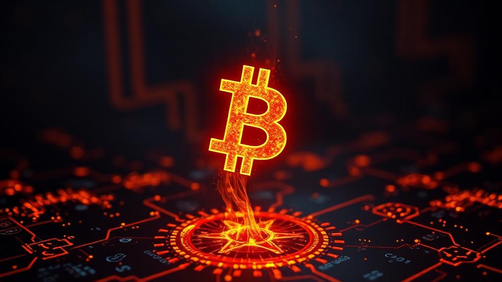 Glowing orange bitcoin symbol above a neon circuit grid