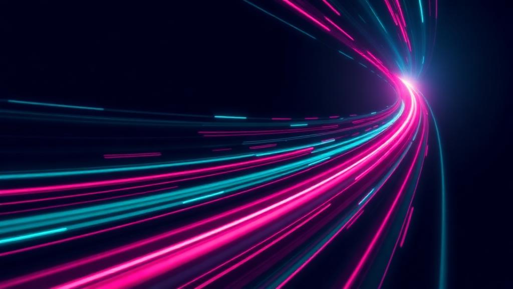 Teal and magenta light trails streaking across a dark plane
