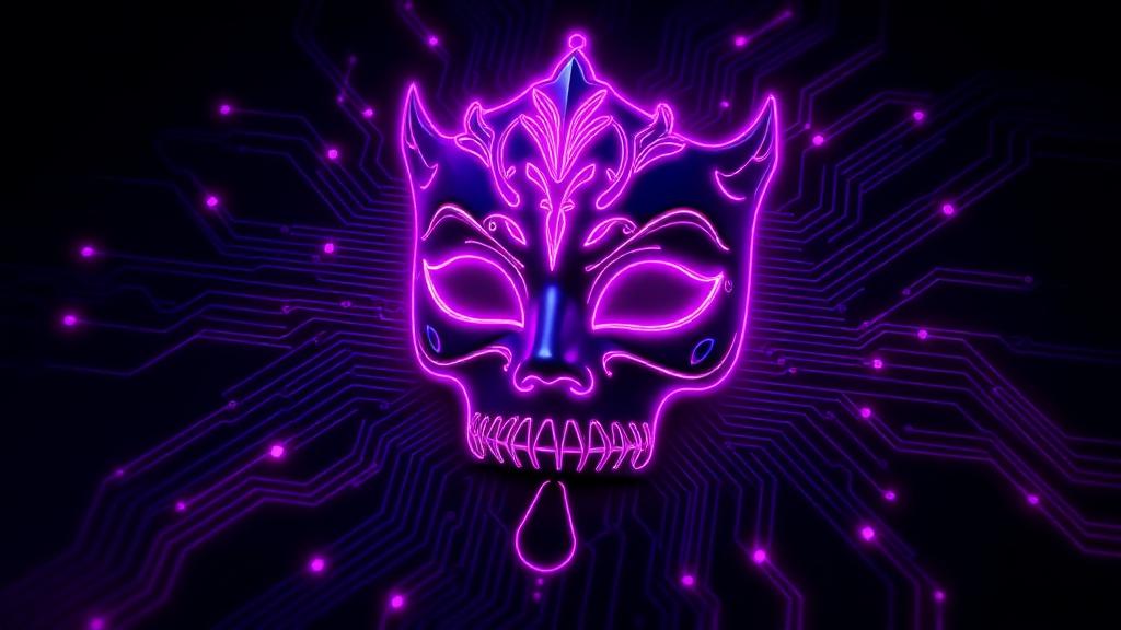 Neon violet venetian mask dissolving into glowing circuitry