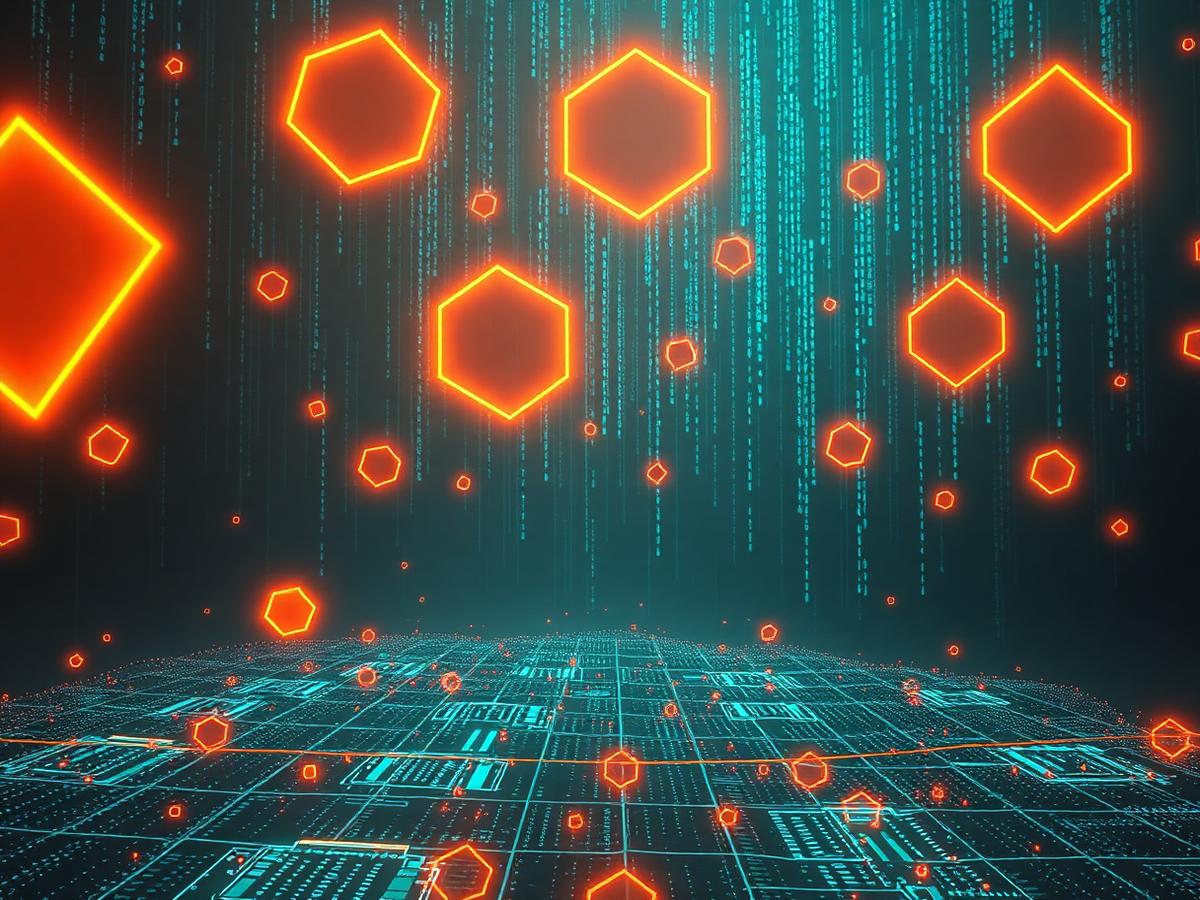 Futuristic digital landscape with neon shapes and data streams